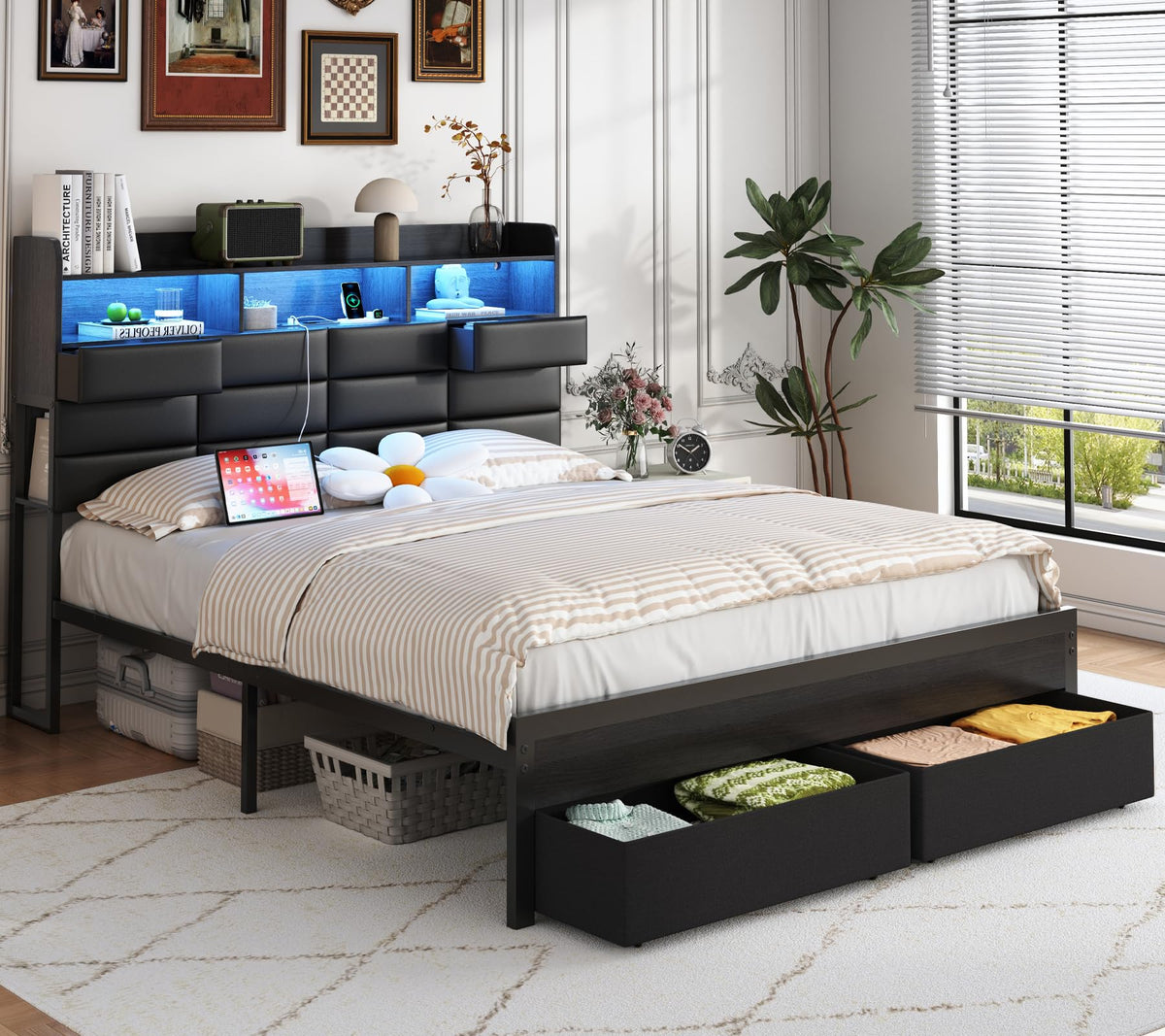 Black Upholstered Bed Frame with Storage Headboard, 4 Drawers, LED Lights, and Charging Station X4450