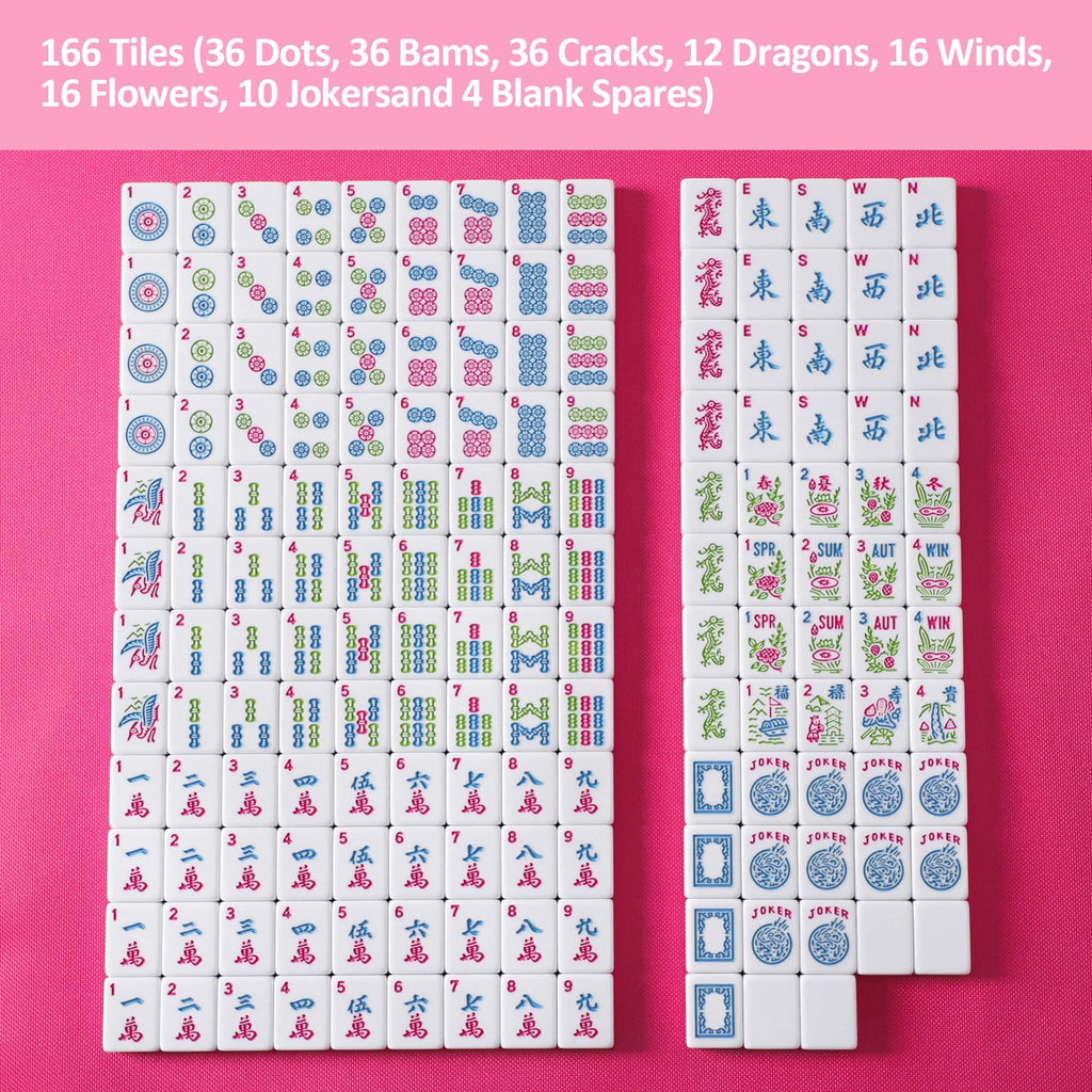 American Mahjong Game Set, 166 Pink Tiles, 4 All-in-One Color Rack/Pushers & Drawstring Bag E694