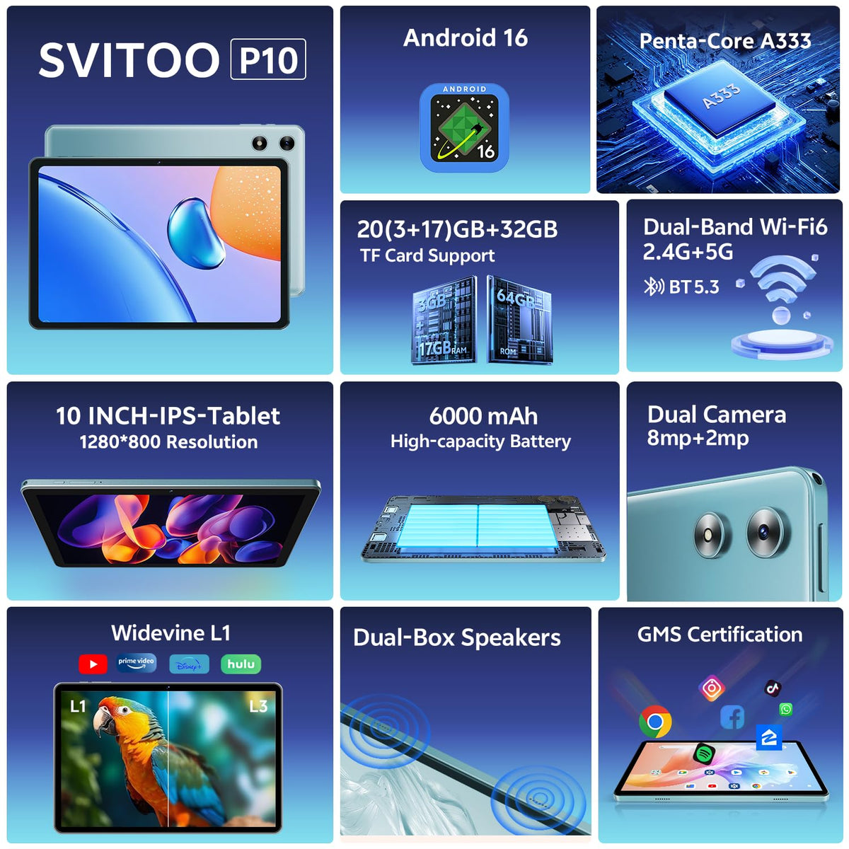 Android Tablet 10 Inch 20GB RAM 32GB Storage Blue R2562