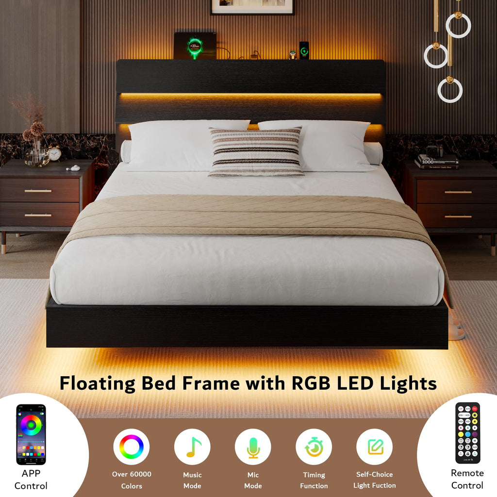 Queen Floating Bed Frame with LED Lights & Charging Station J379091