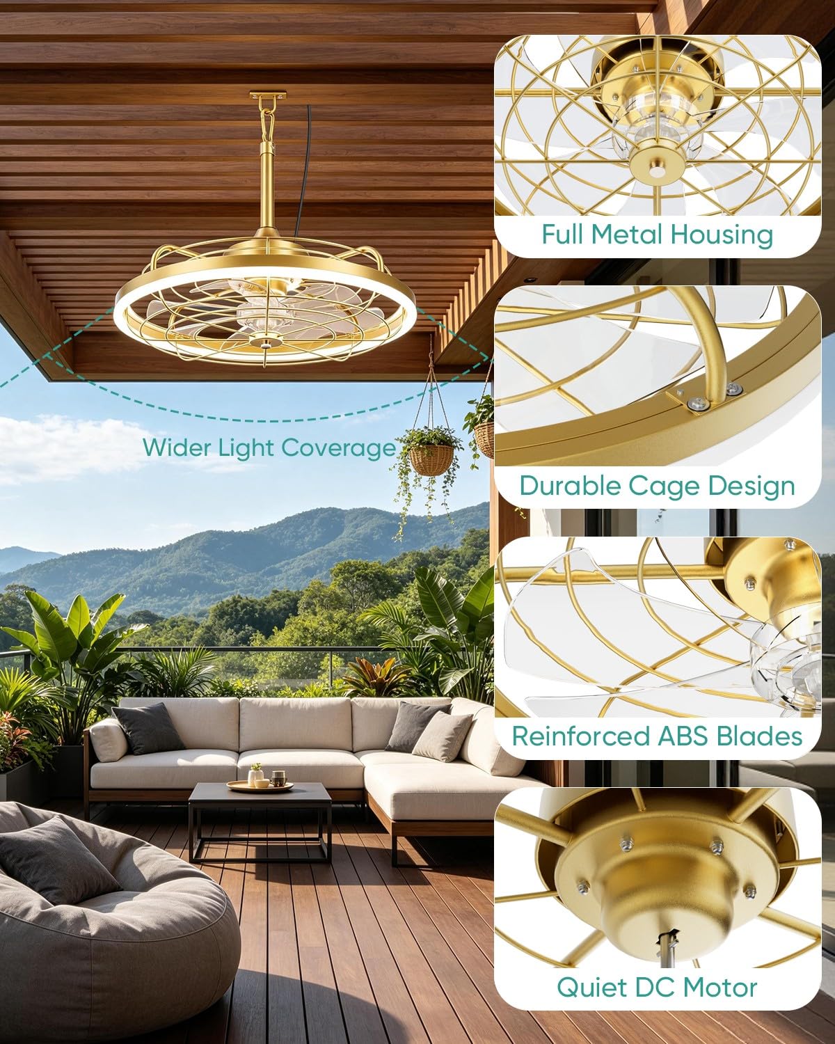 20" Gold Outdoor Ceiling Fan with Light Y15632