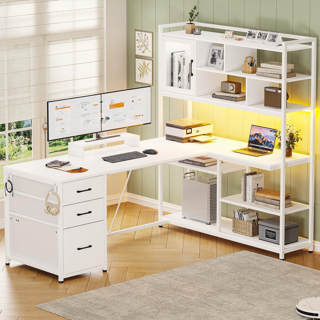 58'' L Shaped Computer Desk with 3 Drawers and Bookshelf O40659