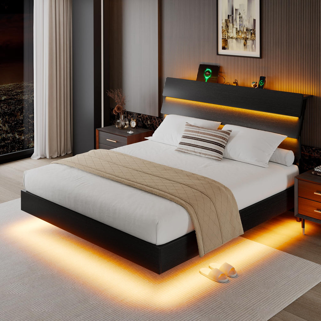 Queen Floating Bed Frame with LED Lights & Charging Station J379091