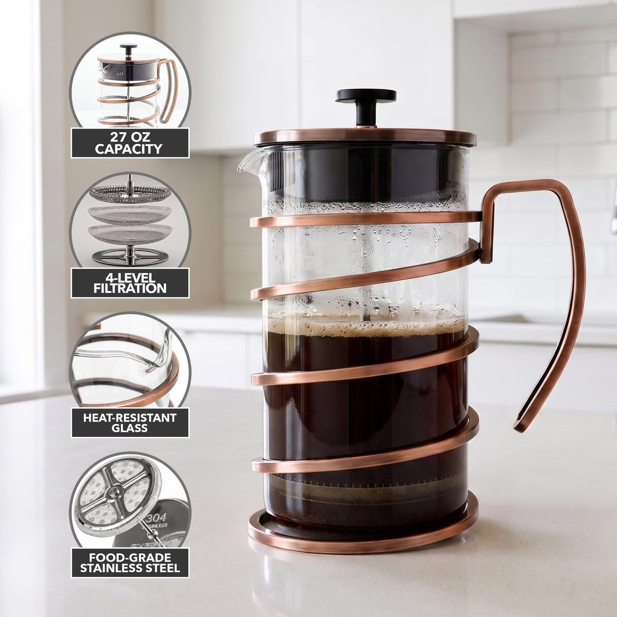 French Press Coffee Maker 27oz with 4 Filters X37088