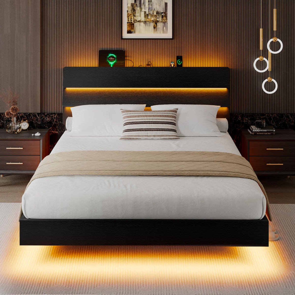 Queen Floating Bed Frame with LED Lights & Charging Station J379091