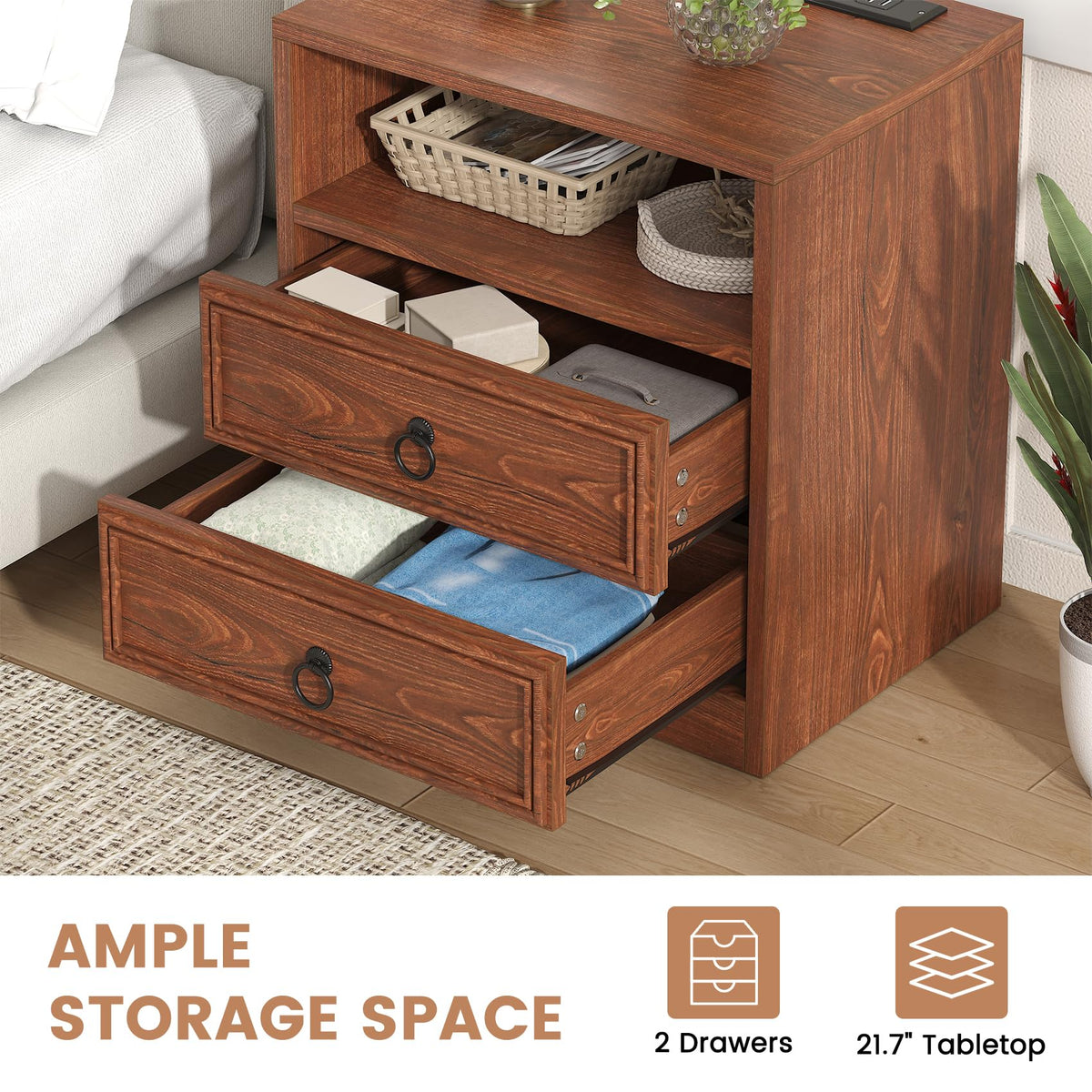 21.7" Wide Cherry Wood Nightstand with 2 Drawers L341377