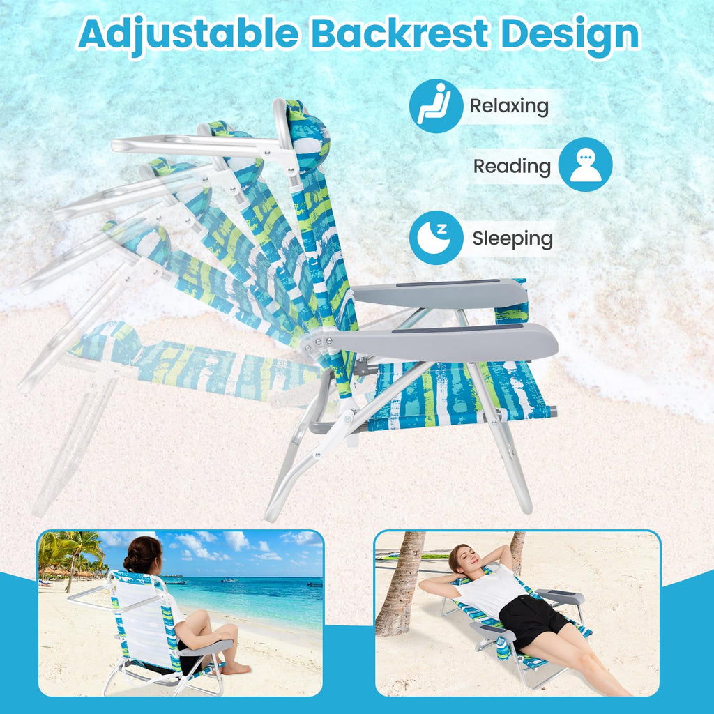 2Pcs Folding Camping Chair with Adjustable Backrest, Cup Holder & Headrest, Green Y6283