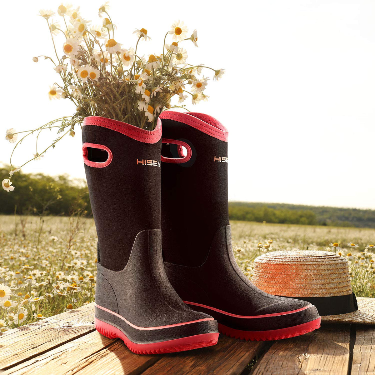 Women Waterproof Mid Calf Neoprene Rubber Rain Boots S95485