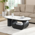 47'' Oval Coffee Table with Drawer, Marble-Grain MDF Top, Black Metal Base V5969
