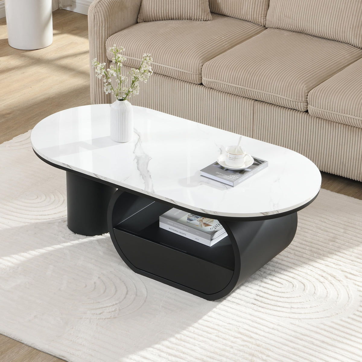 47'' Oval Coffee Table with Drawer, Marble-Grain MDF Top, Black Metal Base V5969