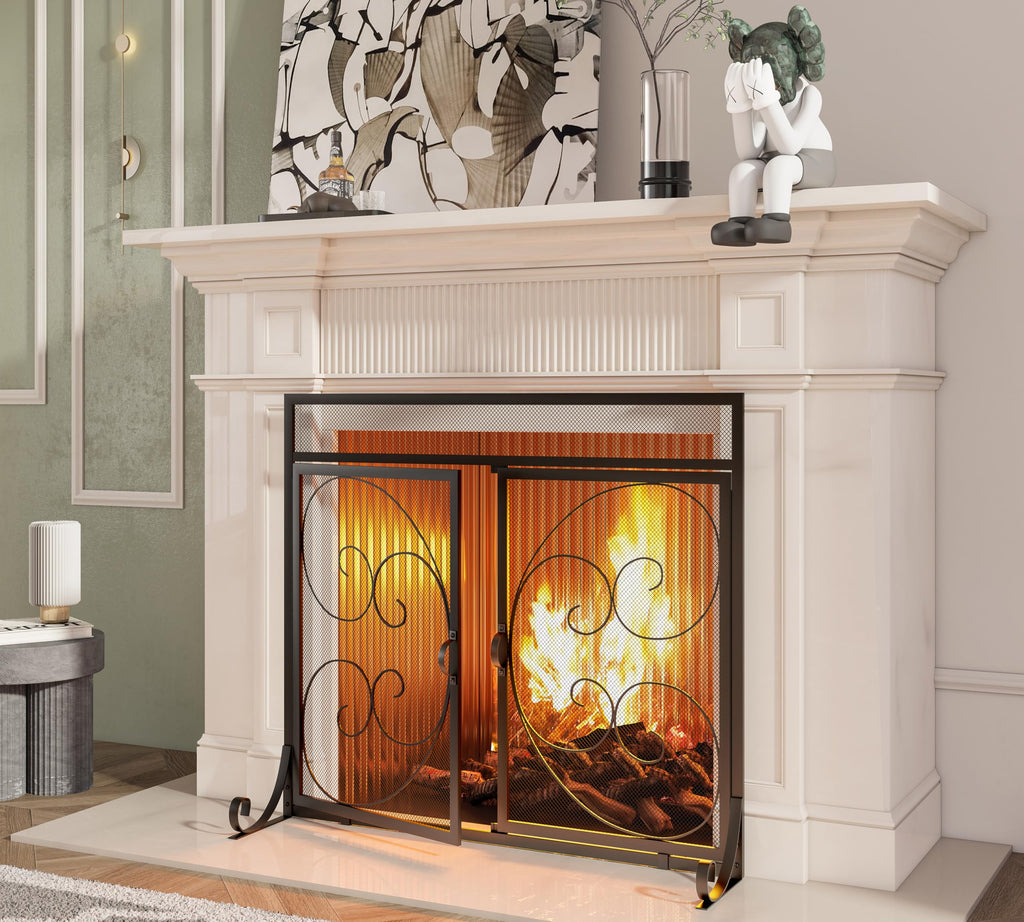 Flat Fireplace Screen with Hinged Doors Wrought Iron Mesh Black Q1947