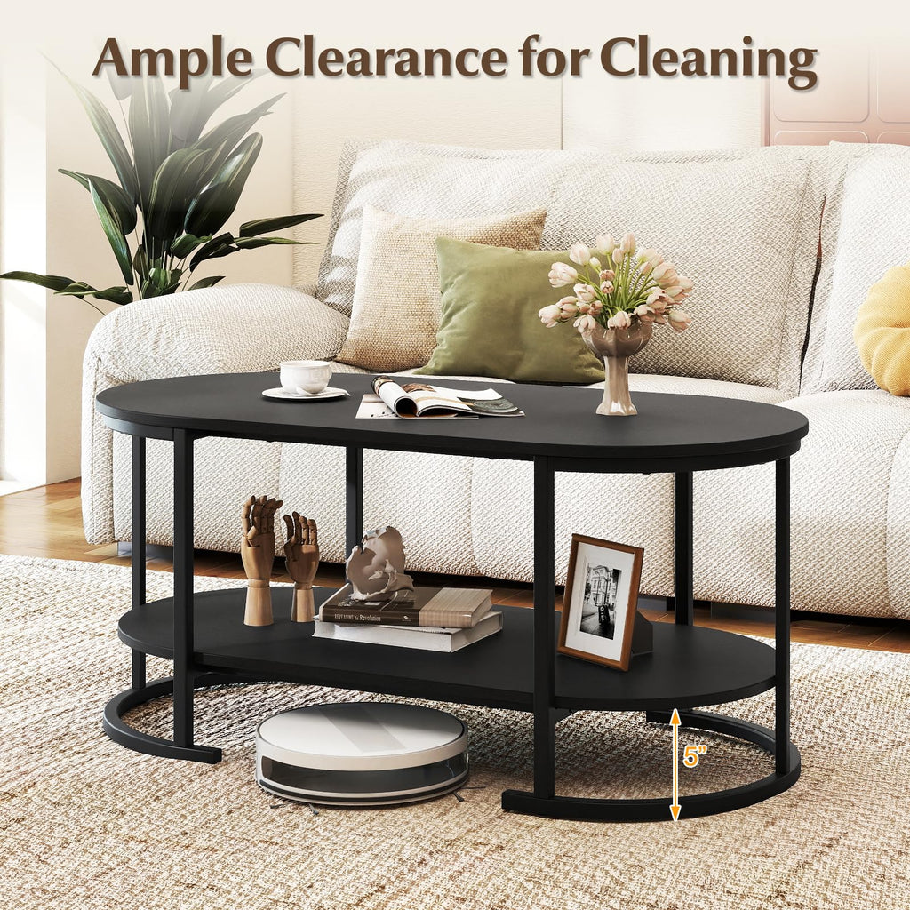 Black 2-Tier Oval Wood Coffee Table with Storage U741