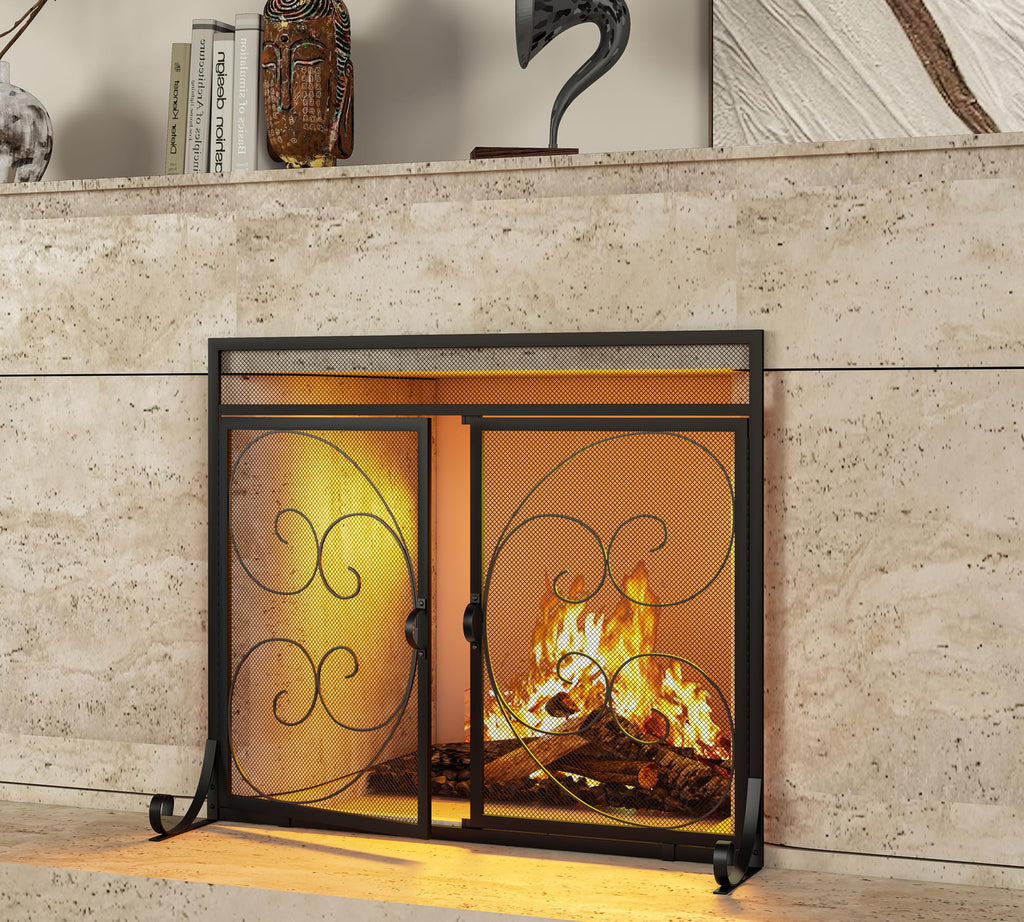Flat Fireplace Screen with Hinged Doors Wrought Iron Mesh Black Q1947