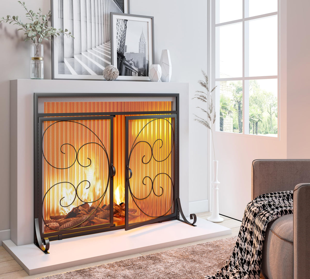 Flat Fireplace Screen with Hinged Doors Wrought Iron Mesh Black Q1947