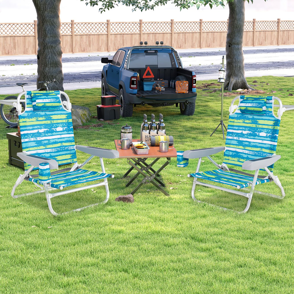 2Pcs Folding Camping Chair with Adjustable Backrest, Cup Holder & Headrest, Green Y6283