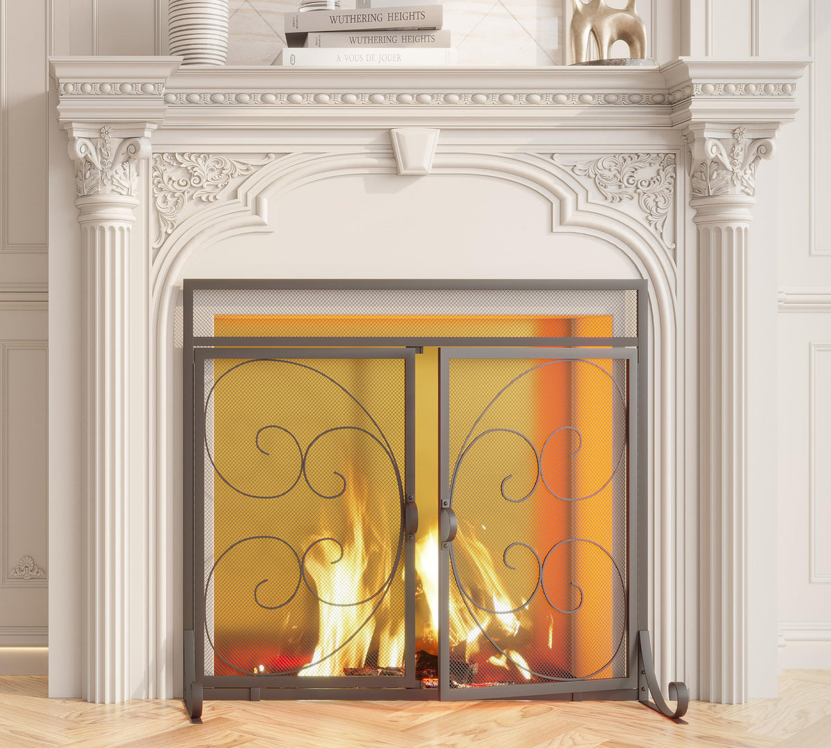 Flat Fireplace Screen with Hinged Doors Wrought Iron Mesh Black Q1947