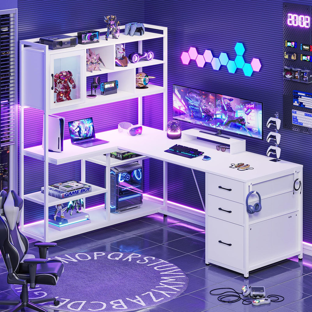 58'' L Shaped Computer Desk with 3 Drawers and Bookshelf O40659