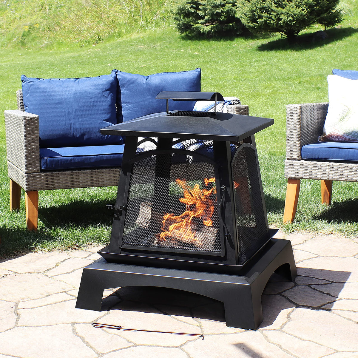 32-Inch Steel Wood-Burning Fire Pit with Log Grate and Poker N747