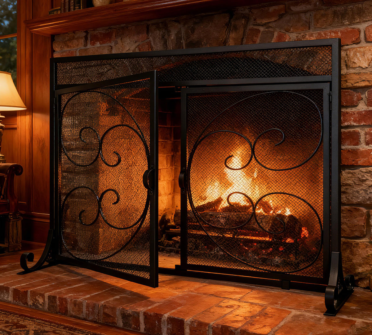Flat Fireplace Screen with Hinged Doors Wrought Iron Mesh Black Q1947