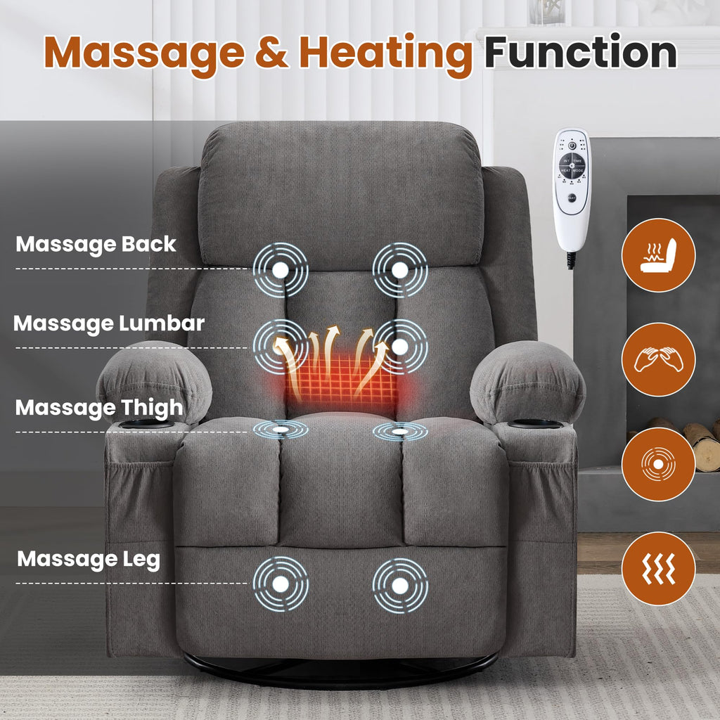 Swivel Rocker Recliner Chair with Massage and Heat O549522