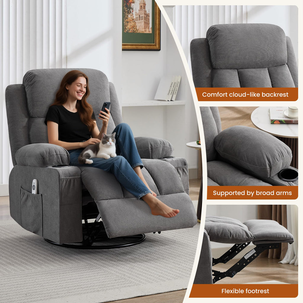 Swivel Rocker Recliner Chair with Massage and Heat O549522