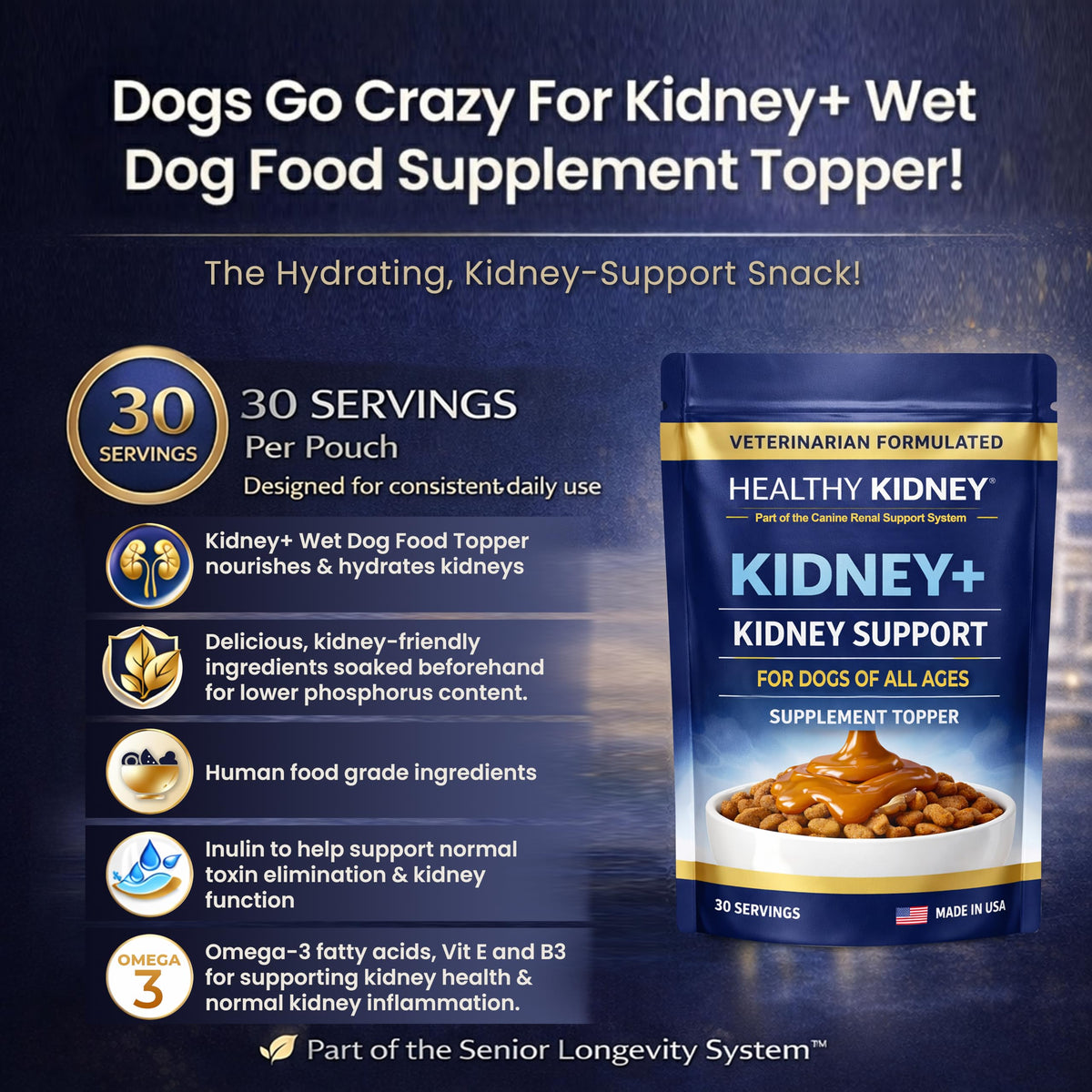 Dog Kidney Support Supplement Food Topper with Omega 3, Prebiotics, Fiber M87369